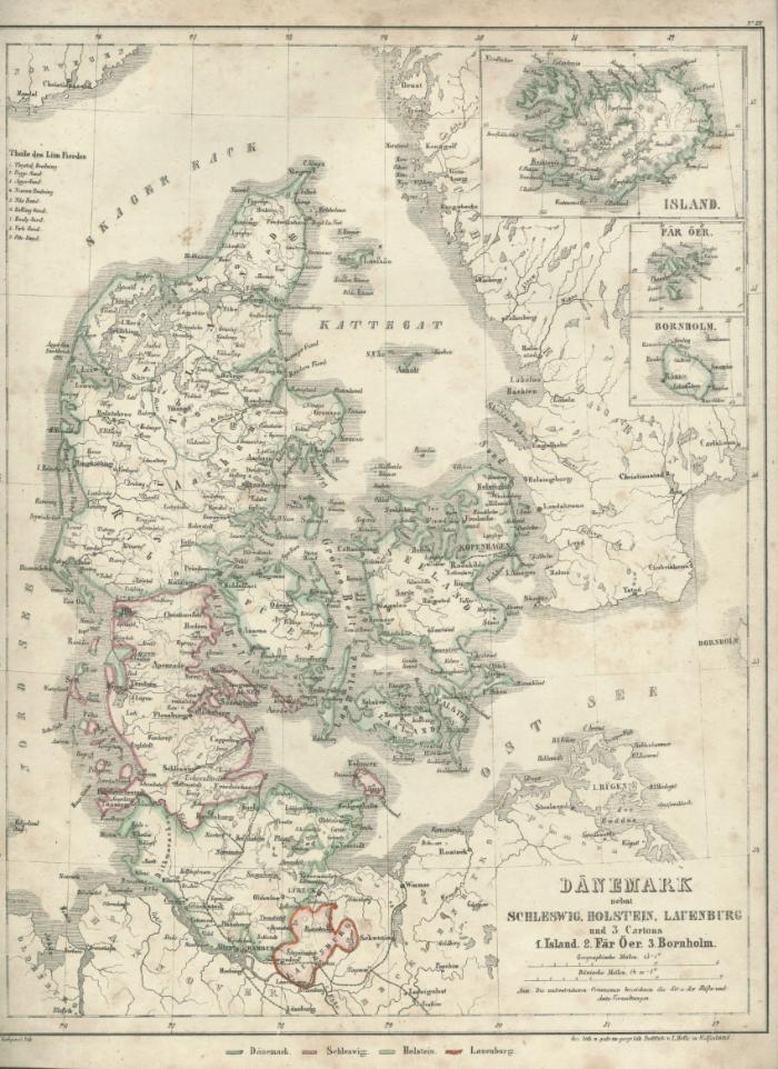 DÄNEMARK nebst SCHLESWIG, HOLSTEIN, LAUENBURG und 3 Cartons 1. Island, 2. Fär Öer. 3. Bornholm.